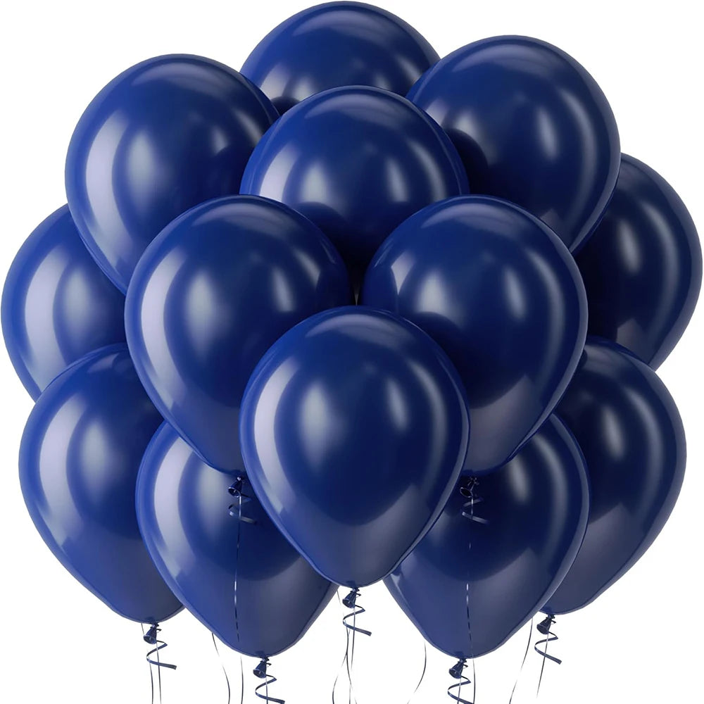 A cluster of dark blue latex balloons tied together for a celebration
