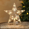 A clear, star-shaped LED light fixture with a warm white glow, displayed on a wooden surface.