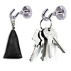 A pair of heavy duty stainless steel magnetic hooks with a black leather tag and keys