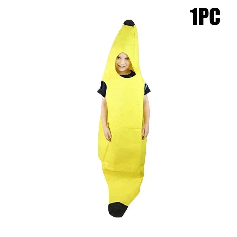 A child wearing a yellow banana costume with a black top and feet.