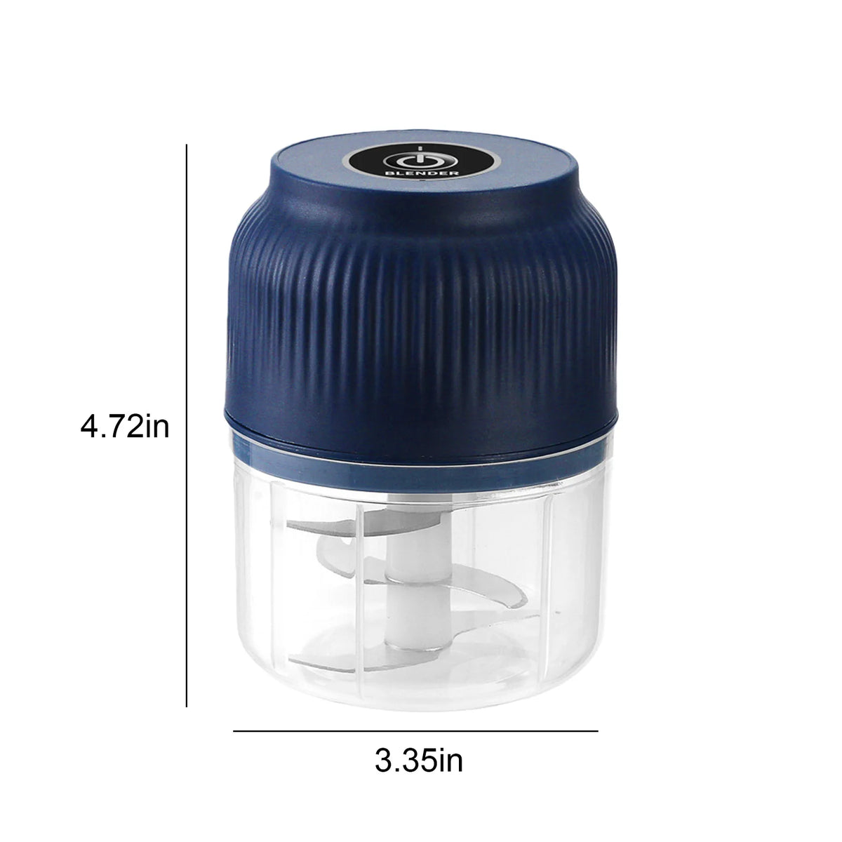 A blue cordless electric mini food chopper with a clear plastic bowl and blade assembly.