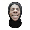 A realistic full-face cosplay mask depicting a person with wide eyes and a smiling expression.