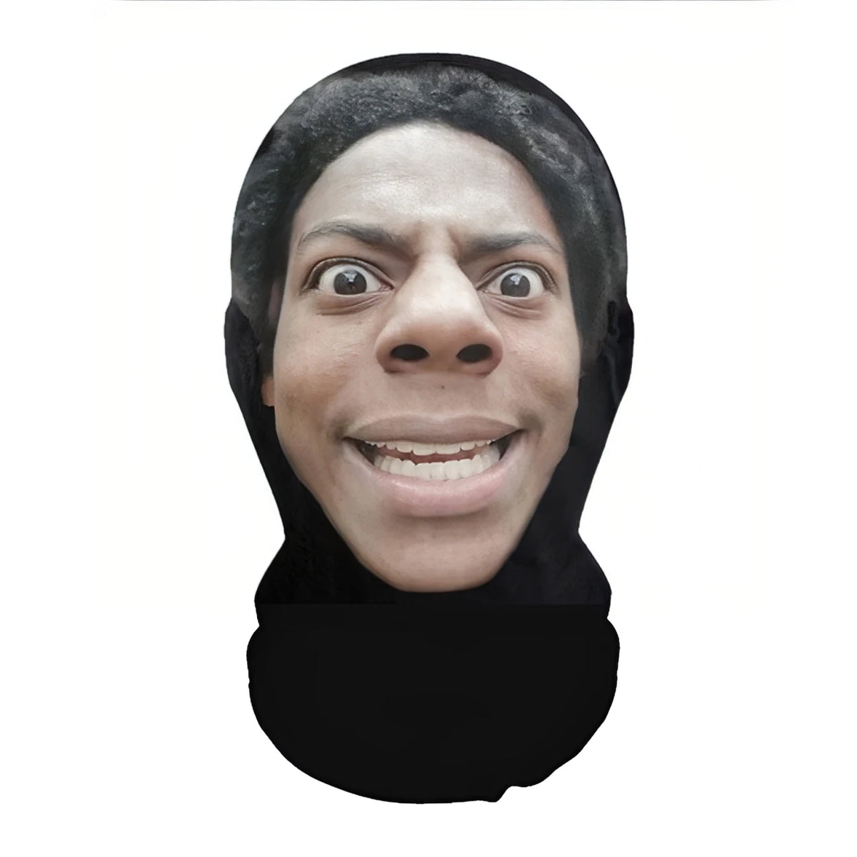 A realistic full-face cosplay mask depicting a person with wide eyes and a smiling expression.