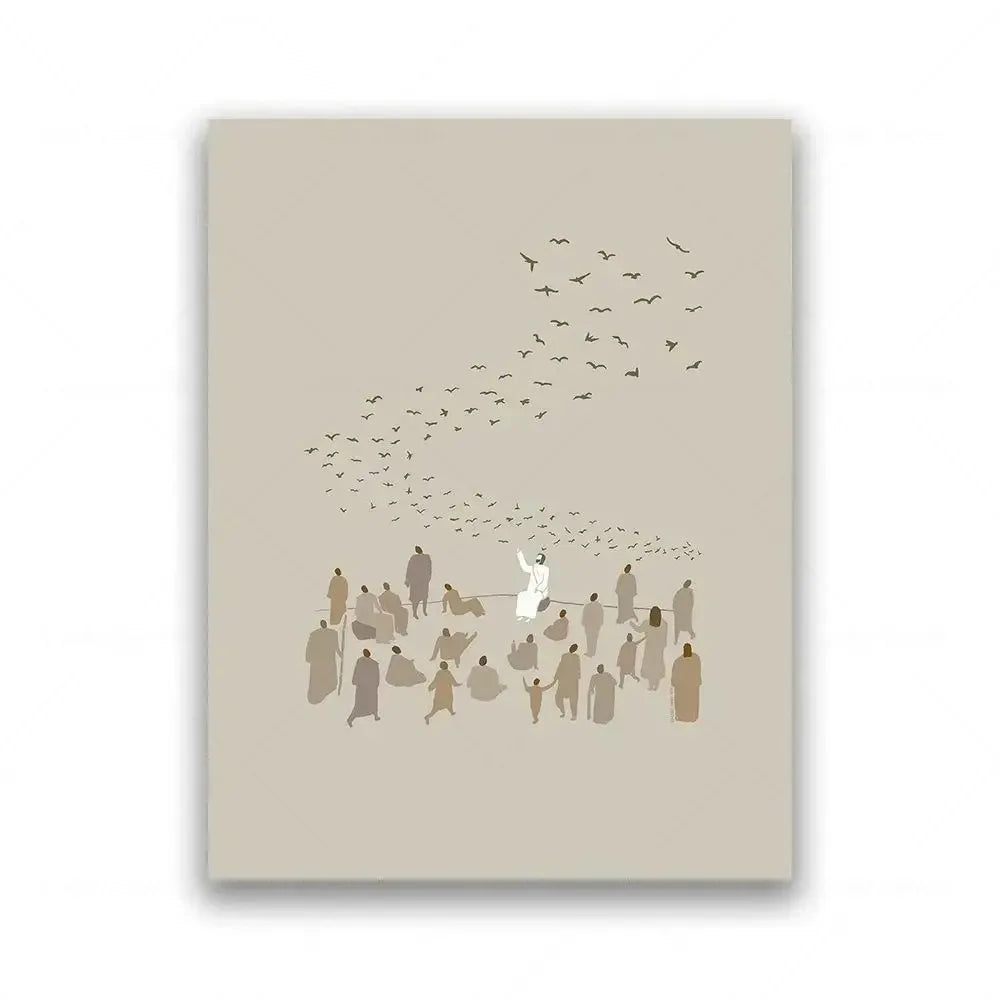 Impresión en lienzo que representa una bandada de pájaros y un grupo de personas en tono beige apagado.