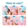Six steps showing how to use a 38-piece cake decorating set with piping nozzles and tools