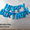 A string of blue foil letter balloons spelling out Happy Birthday hanging on a white door.