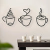 A set of three black iron wall art pieces shaped like steaming coffee cups.