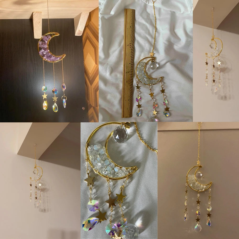A collection of crystal dreamcatchers and sun catchers featuring moon shapes, stars, and rainbow prisms hanging against a lig