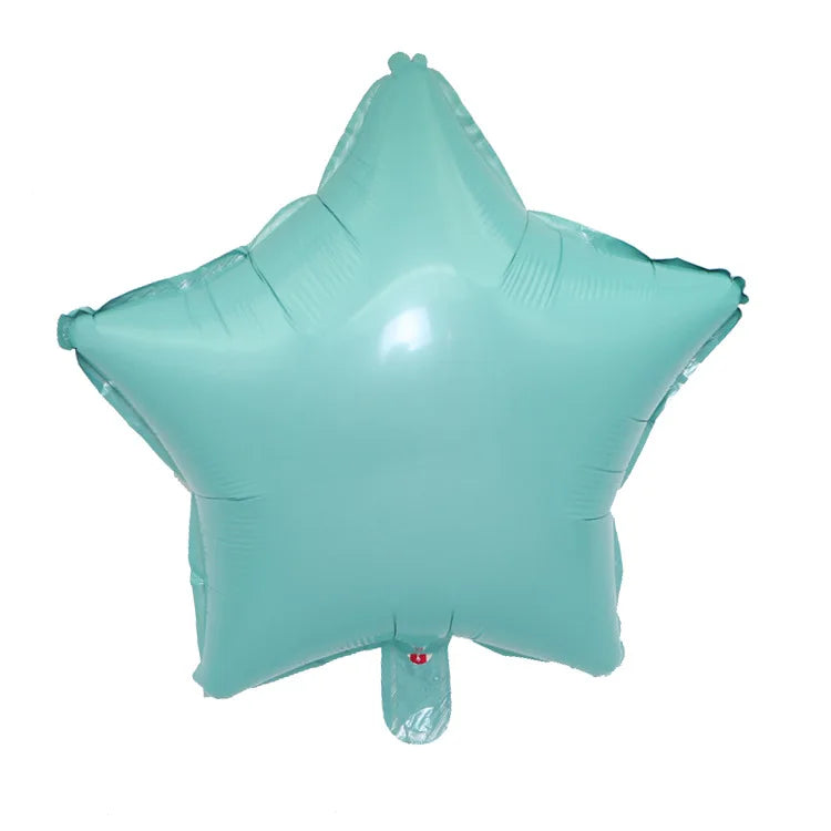 A light teal foil balloon shaped like a star with a heart detail.
