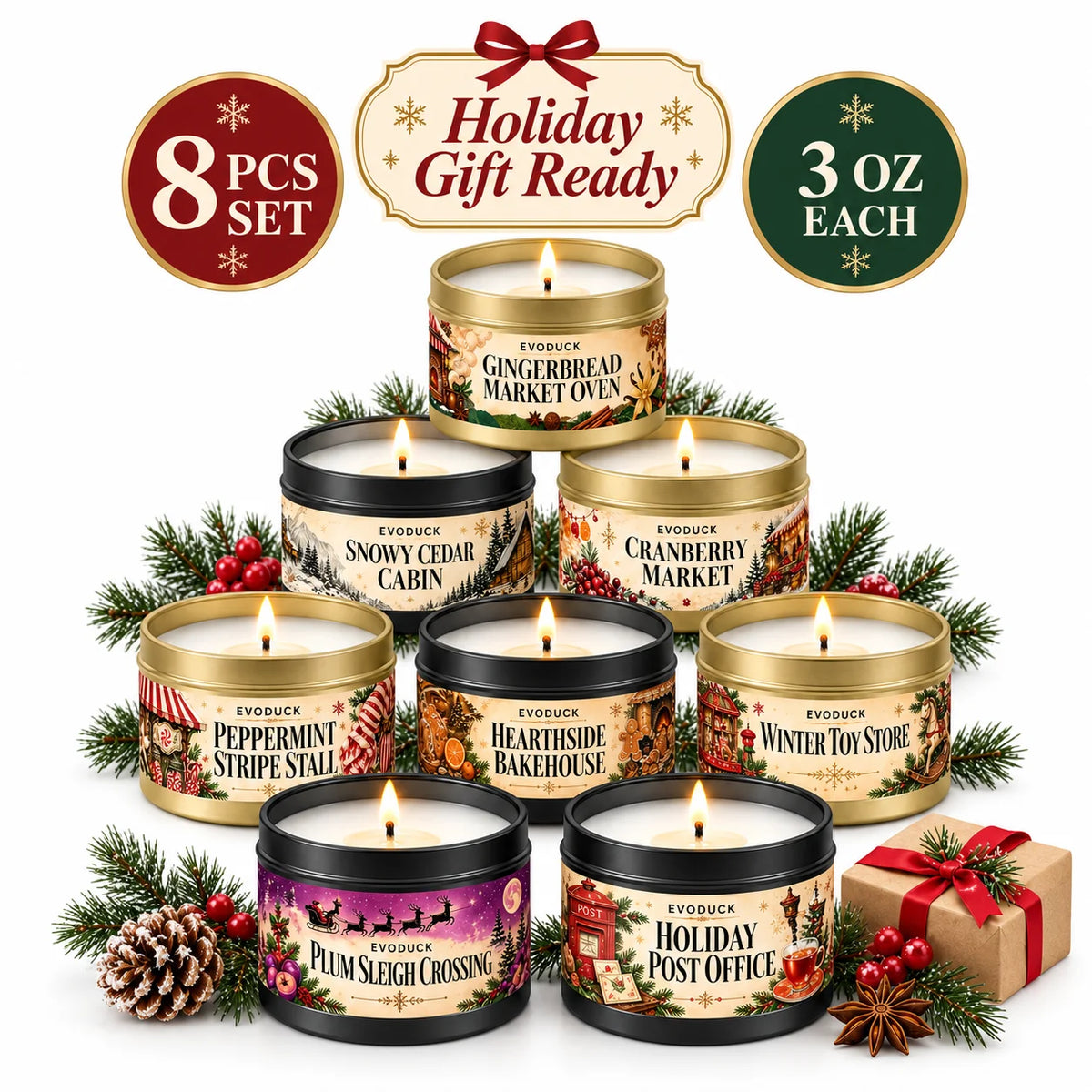 A set of eight holiday scented candles in gold tins with gift boxes and a card