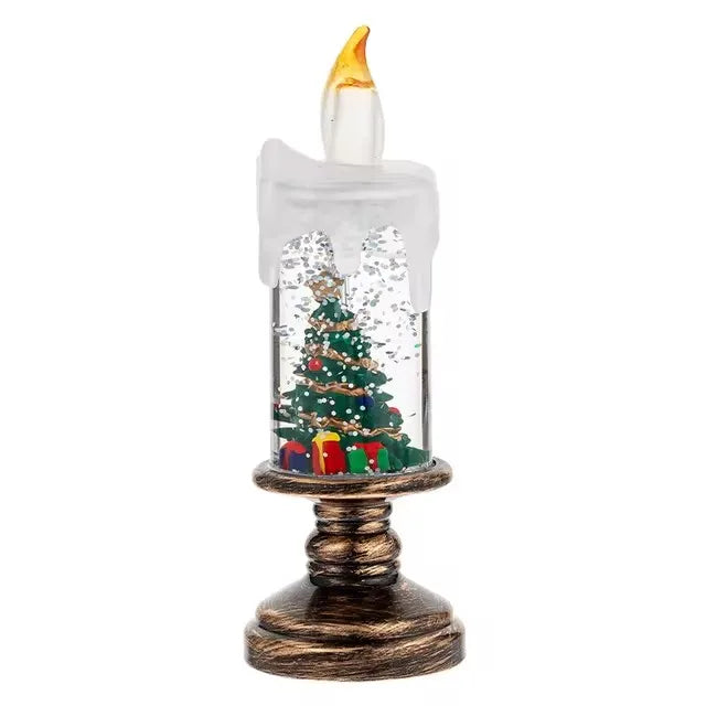 A festive snowflake candle wind lamp in a glass holder with a gold flame and a wooden base.