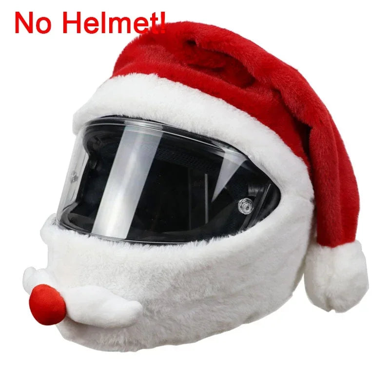 A plush reindeer helmet cover with red ears and white fur, designed for full-face motorcycle helmets.