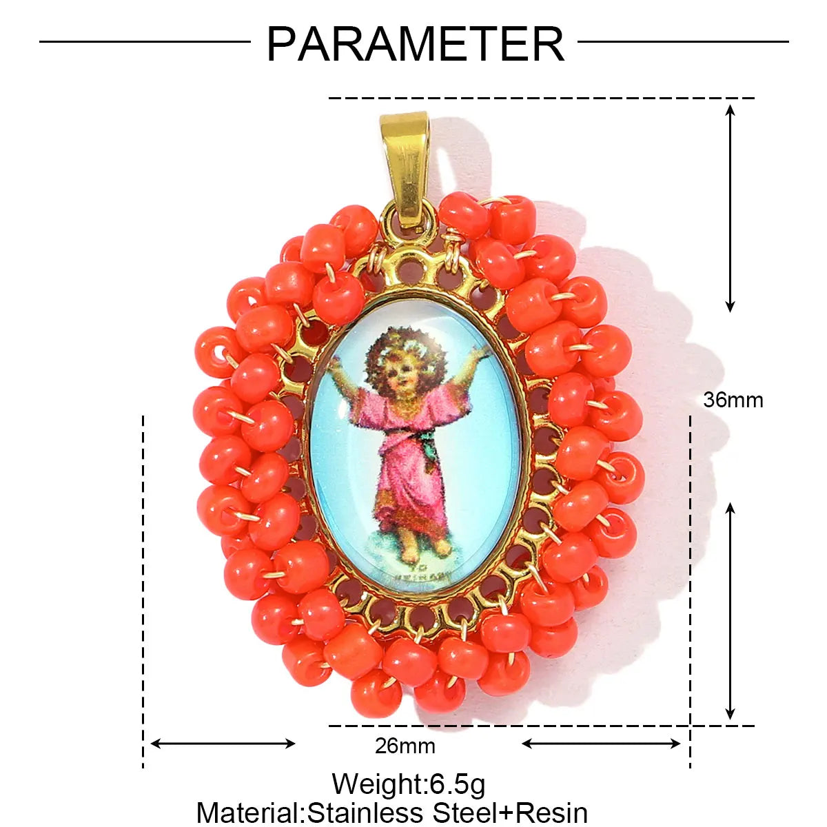 A pendant featuring a small figure of the Virgin Mary in a framed oval surrounded by red beads and attached to a gold-colored