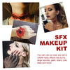 A special effects makeup kit showing various fake wound wax and blood effects on skin.