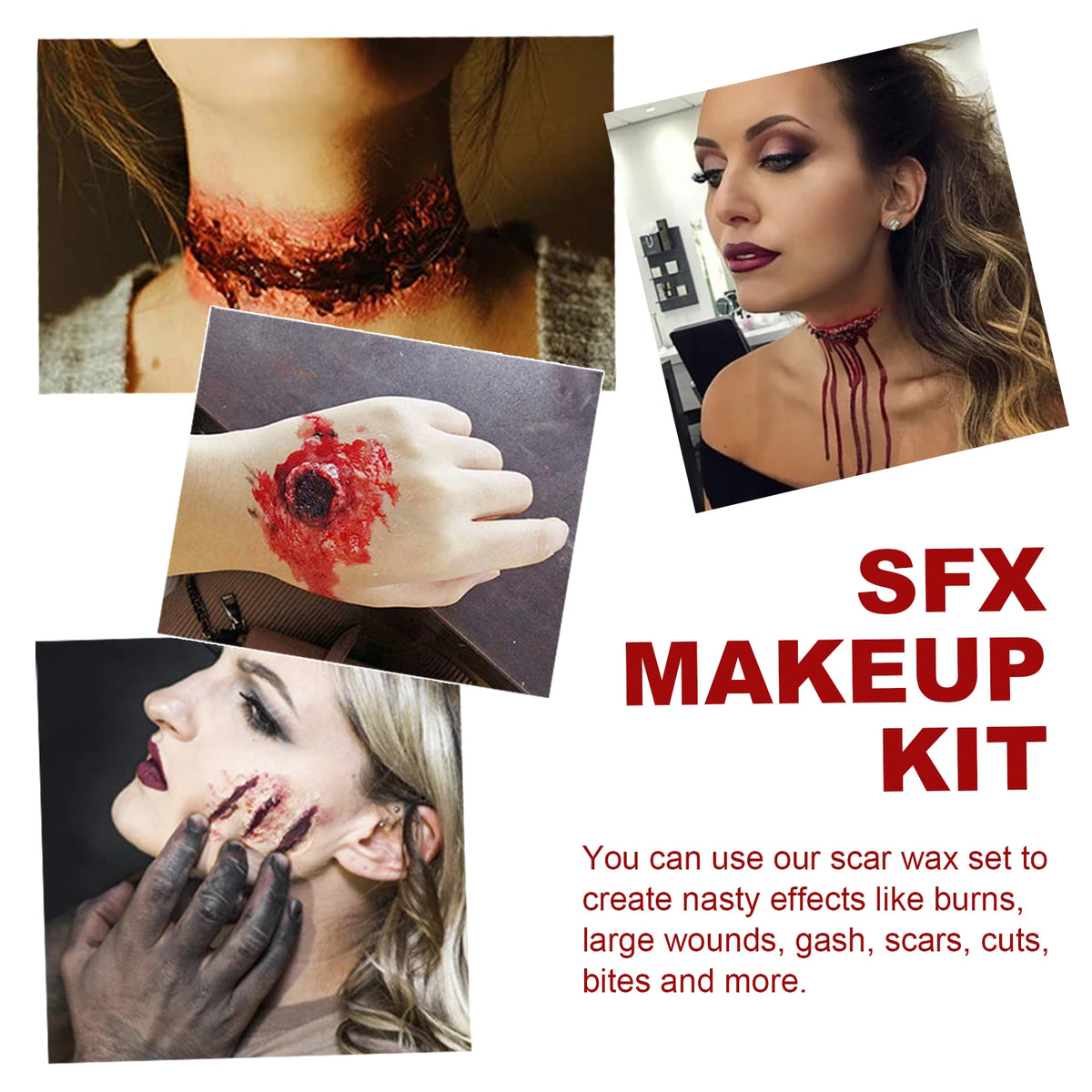 A special effects makeup kit showing various fake wound wax and blood effects on skin.