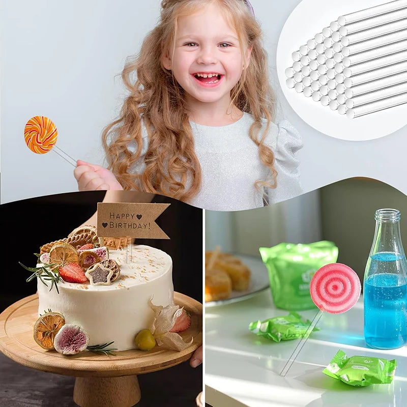 A young girl holds an orange cake pop stick, with various colorful acrylic cake pops and sticks displayed on a wooden platter