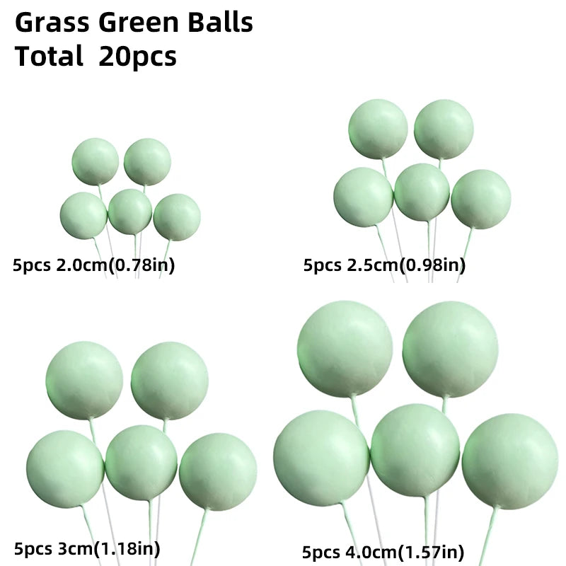 Grass green balls cake toppers available in 20 pieces with various sizes like 2.0cm, 2.5cm, and 3cm.