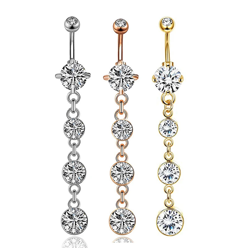 A set of five gold tone butterfly and flower belly rings displayed against a white background.