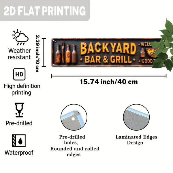 A rectangular metal sign with the text BACKYARD BAR & GRILL in yellow lettering, designed for weather resistance and waterpro
