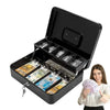A black lockable metal cash box is open, displaying organized slots for cash and jewelry, with a woman holding a wad of bankn