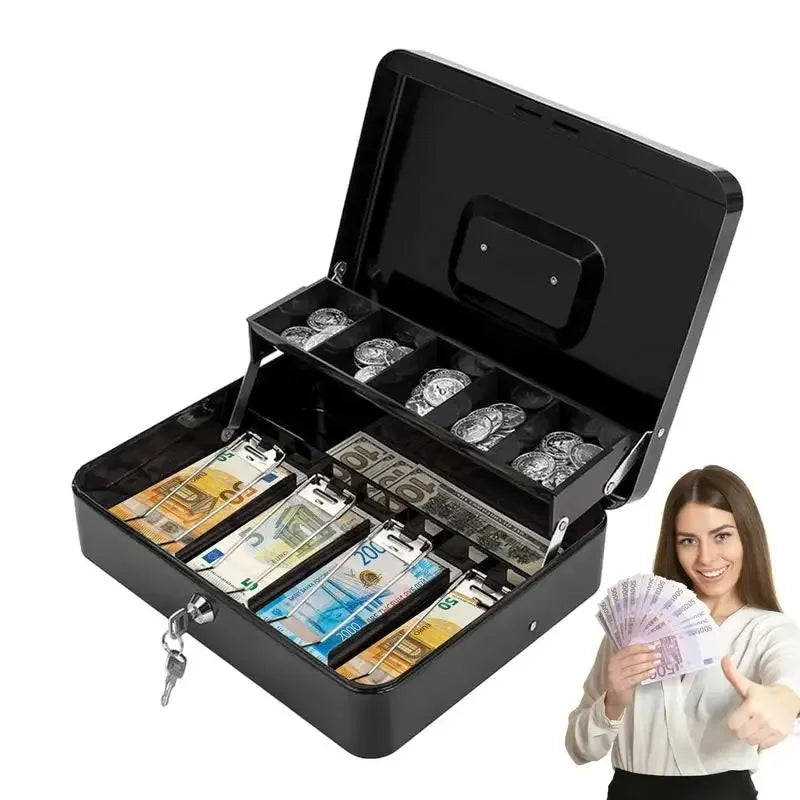 A black lockable metal cash box is open, displaying organized slots for cash and jewelry, with a woman holding a wad of bankn