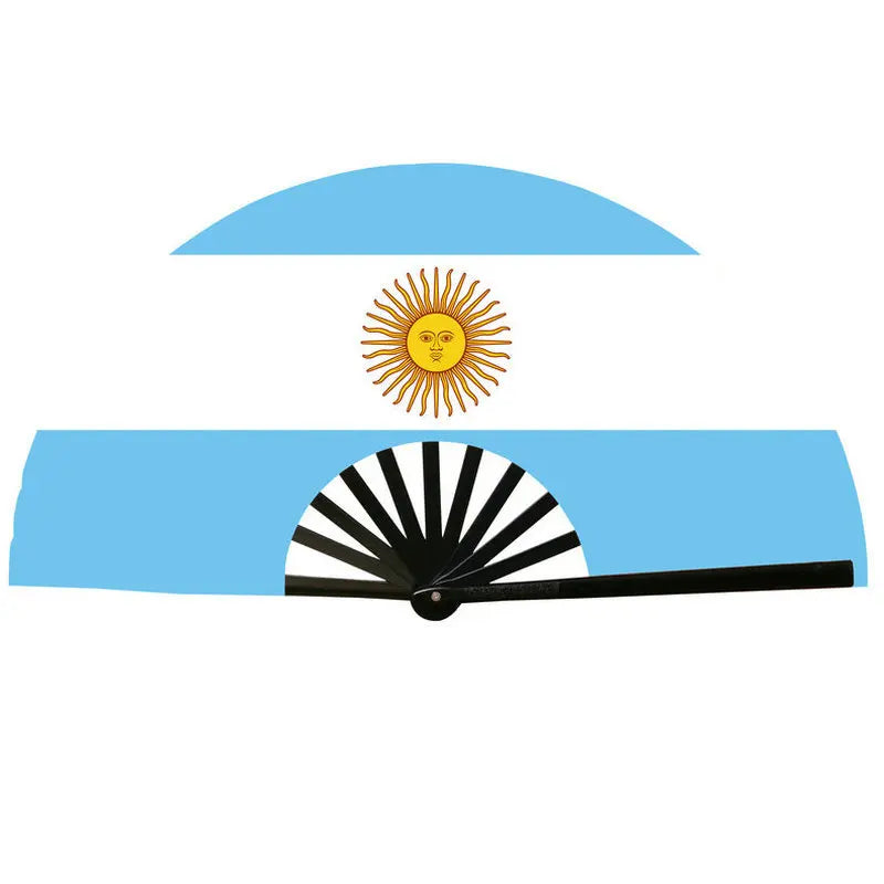A flag design featuring a blue field, a golden sun, and a white fan motif.