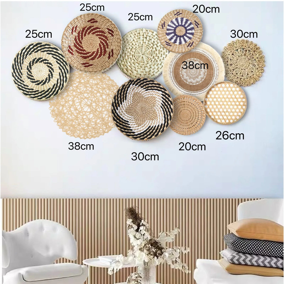 A collection of round boho straw wall hangings in various sizes and shades displayed against a light blue wall.