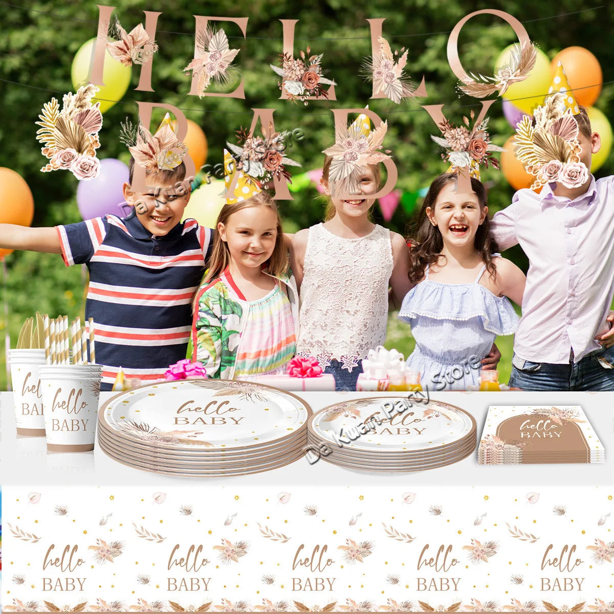 A decorative banner garland featuring the word hello in various shades of gold and pink foliage for a baby shower.