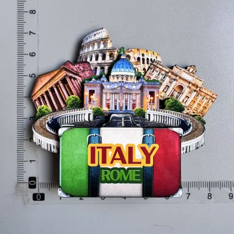 A collection of wooden fridge magnets featuring iconic Italian landmarks like the Colosseum and St. Peter's Basilica.