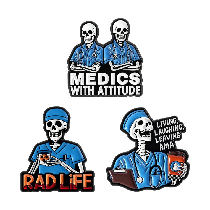 A set of enamel pins featuring cartoon skulls with medical attire and text like Medics with Attitude and Rad Life