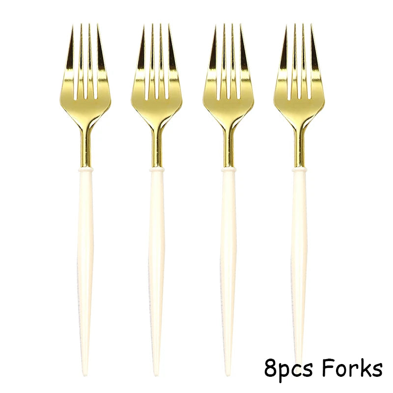 Eight pieces of gold disposable forks with white handles