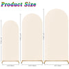Three beige arch stand backdrops shown with various widths and heights for wedding and event decor