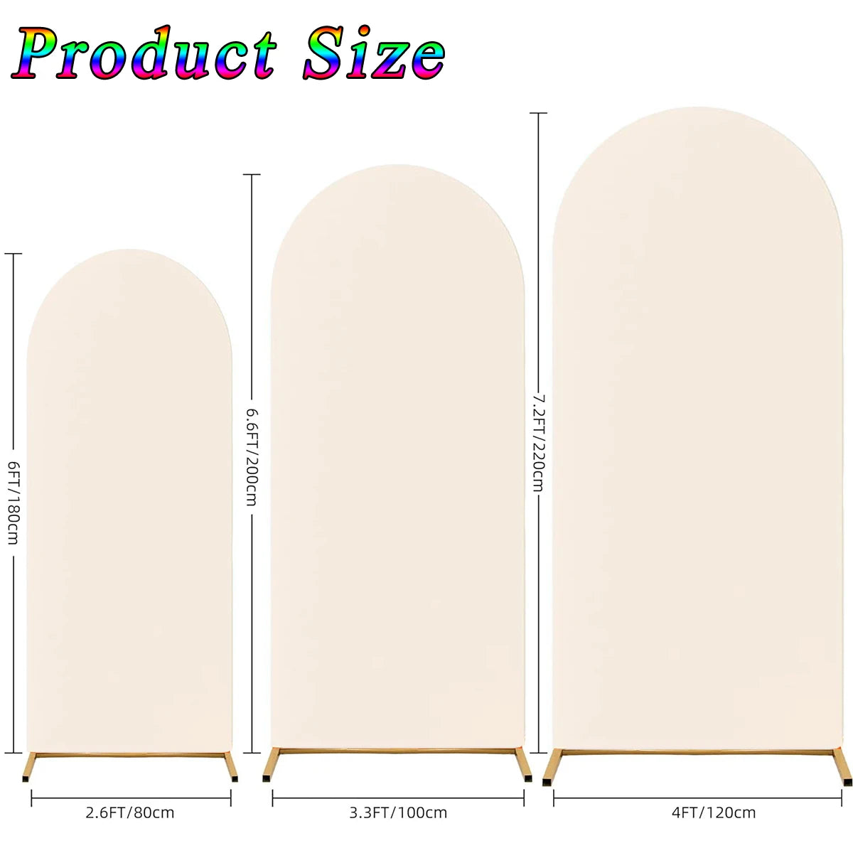 Three beige arch stand backdrops shown with various widths and heights for wedding and event decor