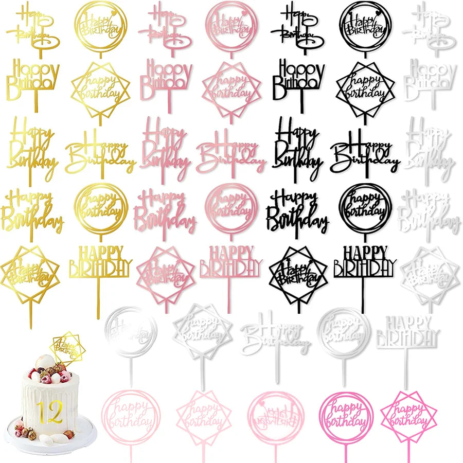 A collection of mirrored gold and pink acrylic cake toppers for birthday celebrations.