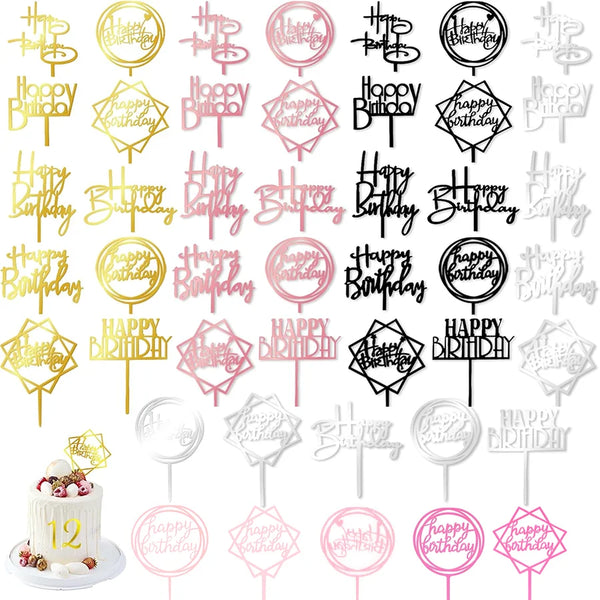 A collection of mirrored gold and pink acrylic cake toppers for birthday celebrations.