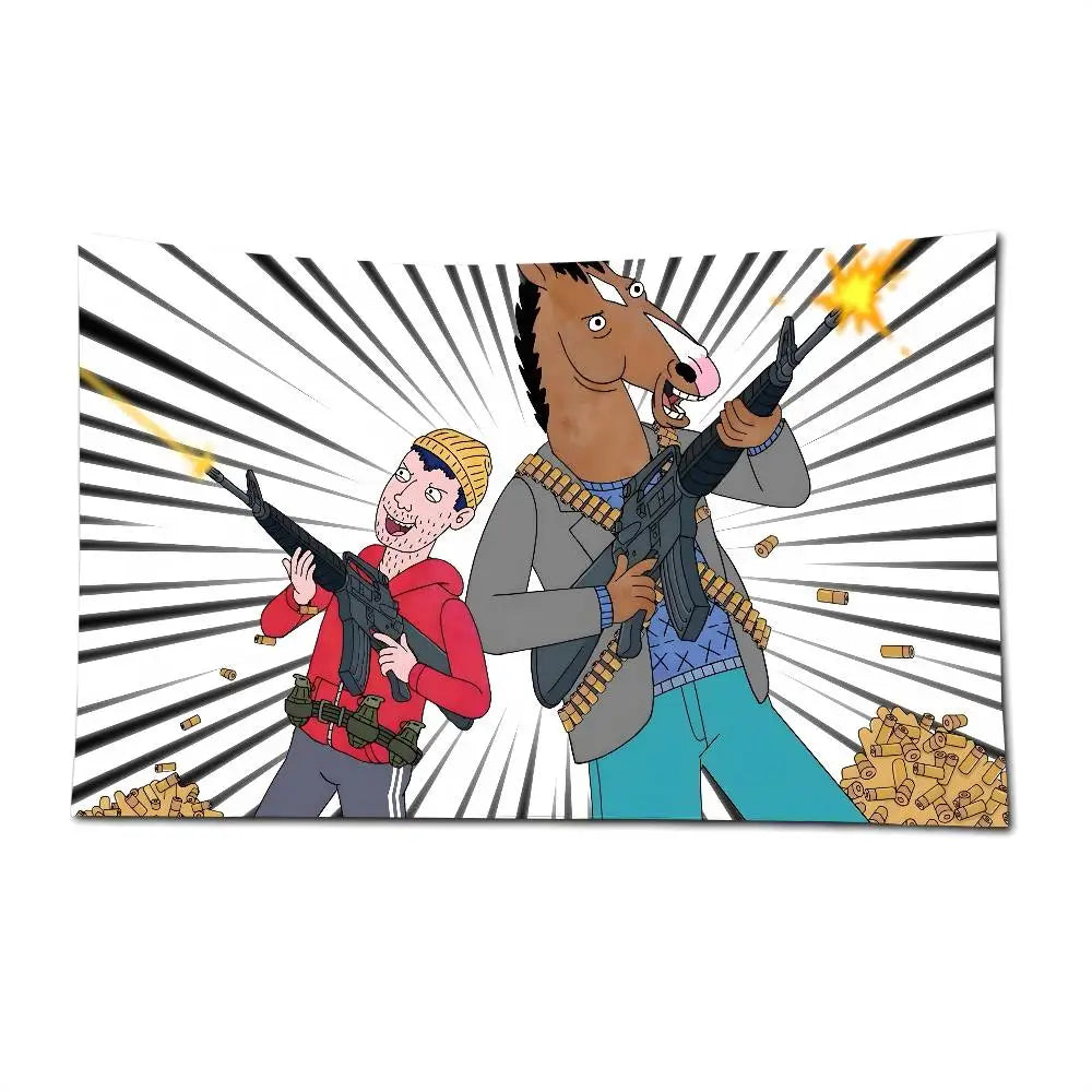 A cartoon illustration of a man in a red jacket and a man with dark skin holding guns against a background of speed lines.