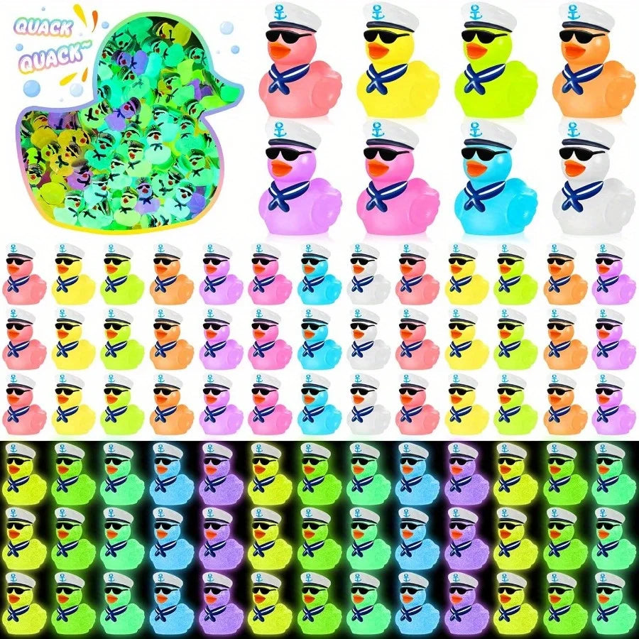 A collection of glow-in-the-dark resin cruise duck decorations in various colors and styles.