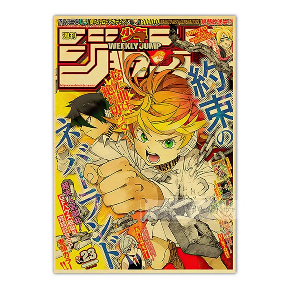 A colorful anime poster featuring characters from JoJo, Jujutsu Kaisen, and Demon Slayer.