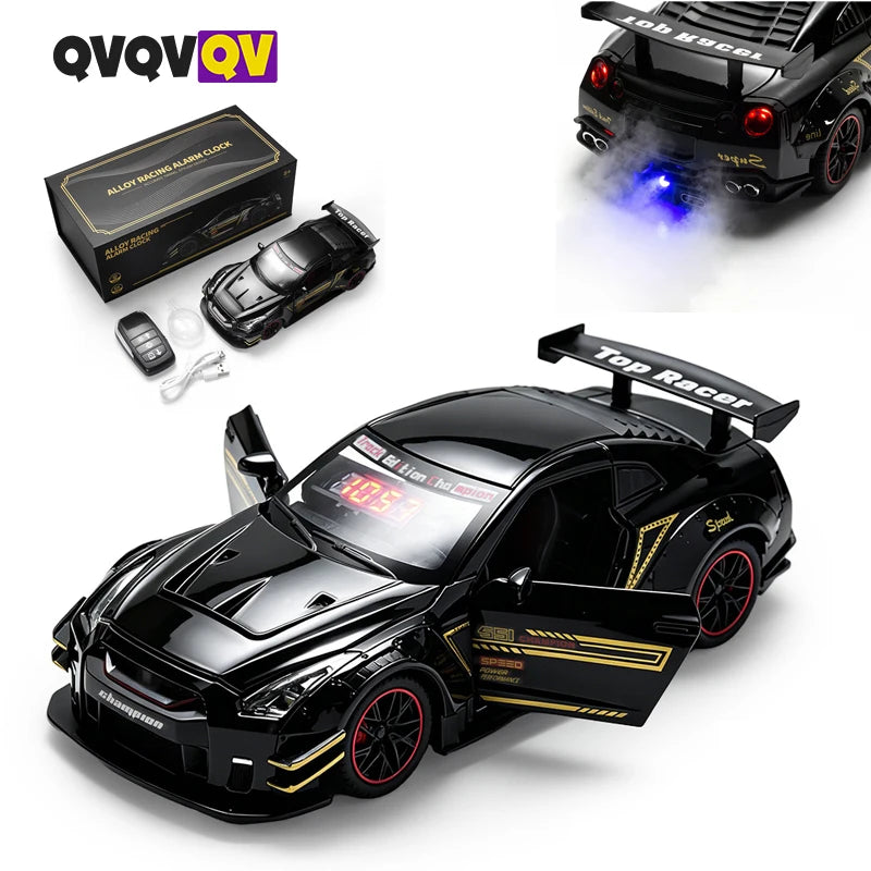 A black remote control car model with racing features and flashing blue lights is shown next to its packaging.