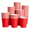 A stack of red disposable paper plates in various sizes and colors.