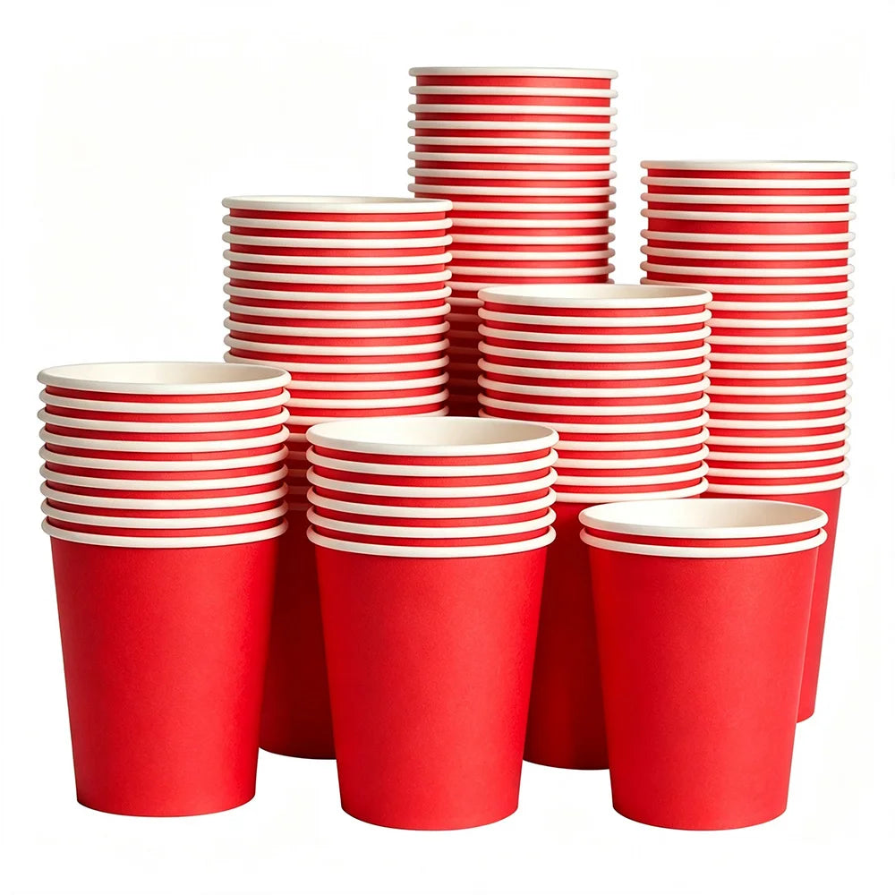 A stack of red and white striped disposable paper cups.