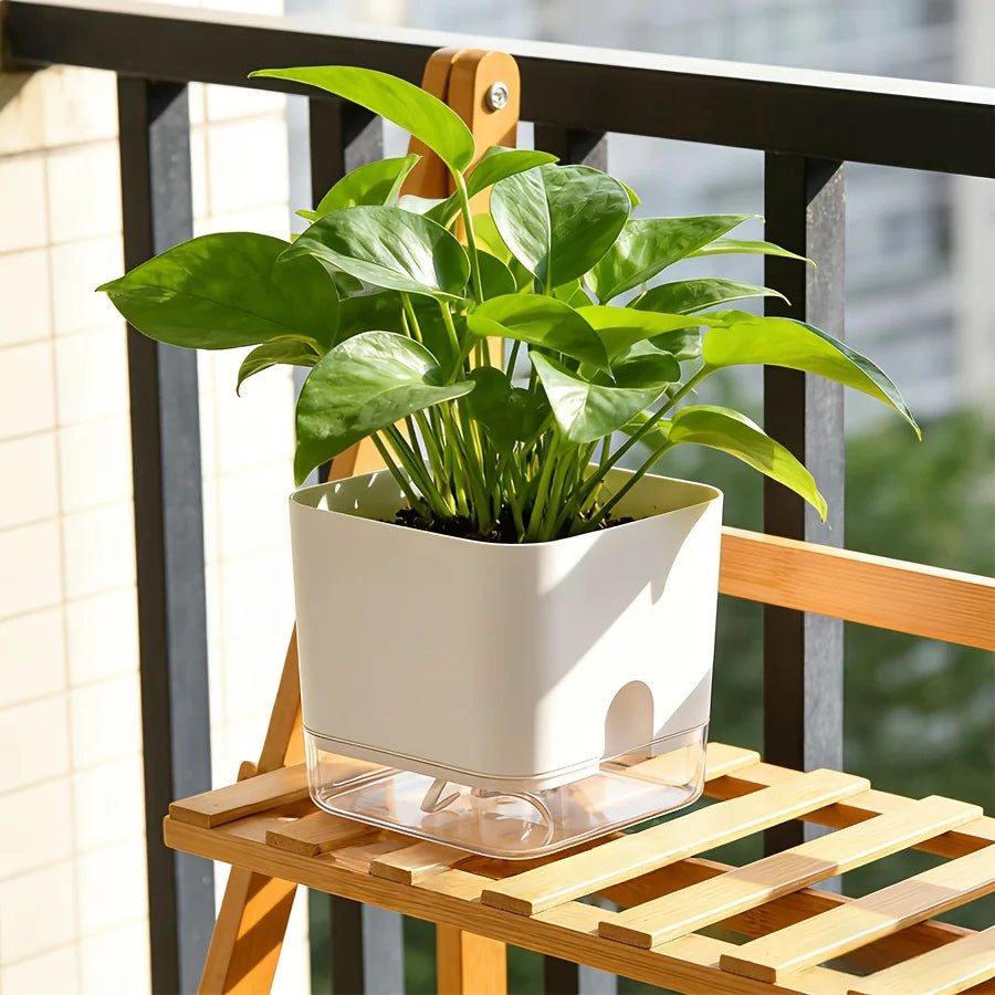 A potted green plant sits in a white self-watering planter on a wooden balcony railing.