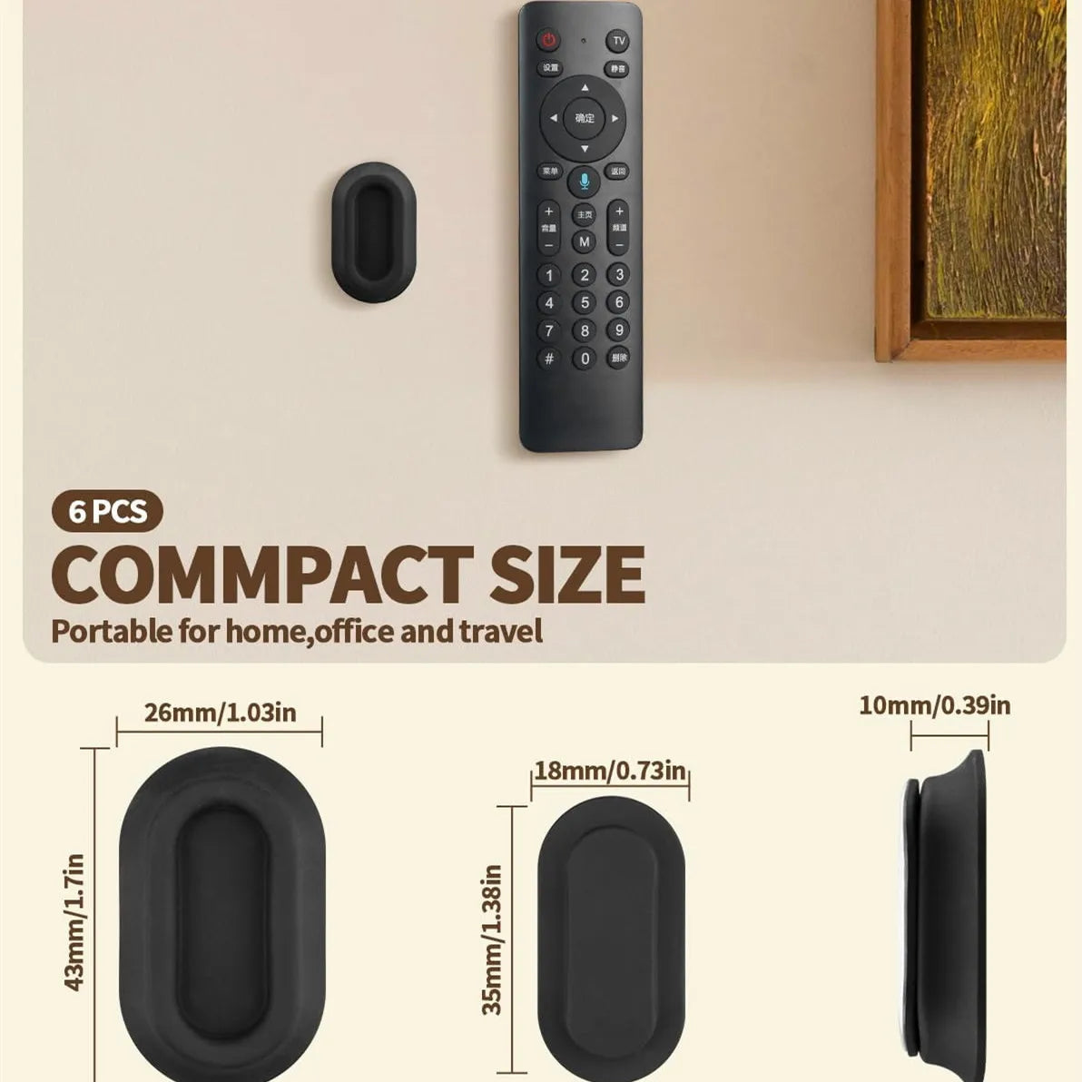 A set of magnetic silicone remote control holders in black, showing various sizes for portable storage.