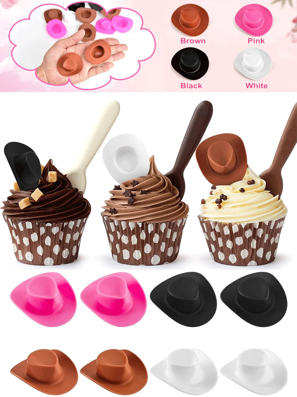 Collection de petits cadeaux pour fête western cowgirl, incluant des chapeaux de différentes couleurs et formes et des emport
