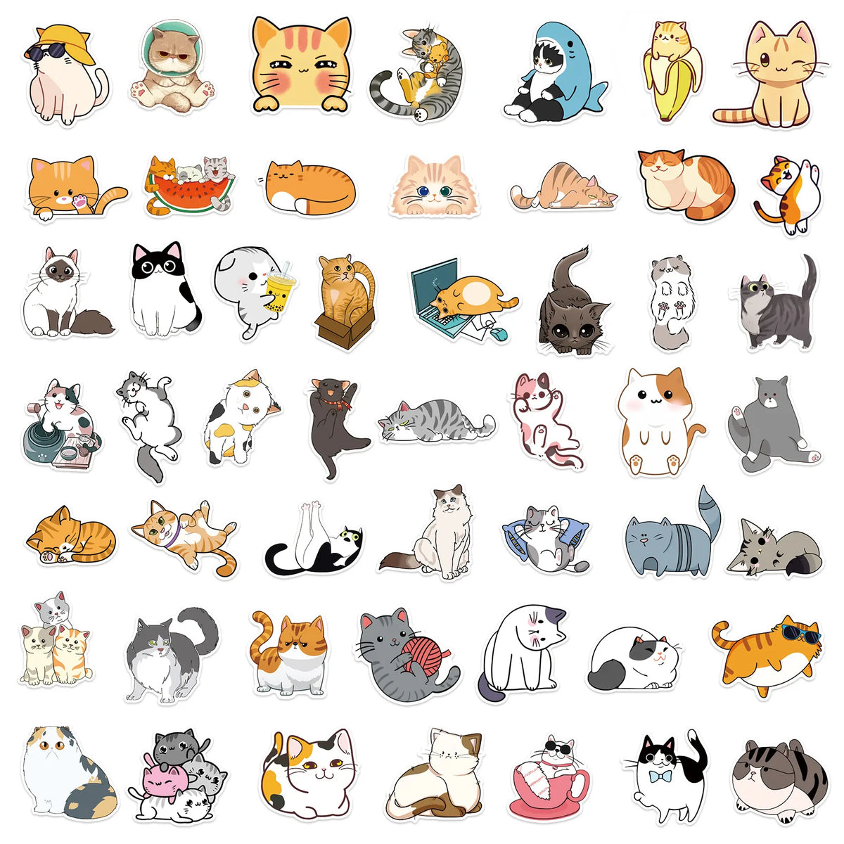 A collection of cute cartoon cat stickers featuring various breeds and expressions for DIY decor.