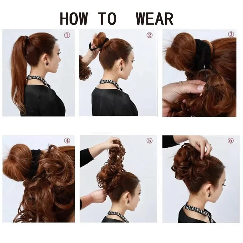Six étapes montrant comment porter des élastiques pour cheveux synthétiques et ébouriffés dans différents styles.