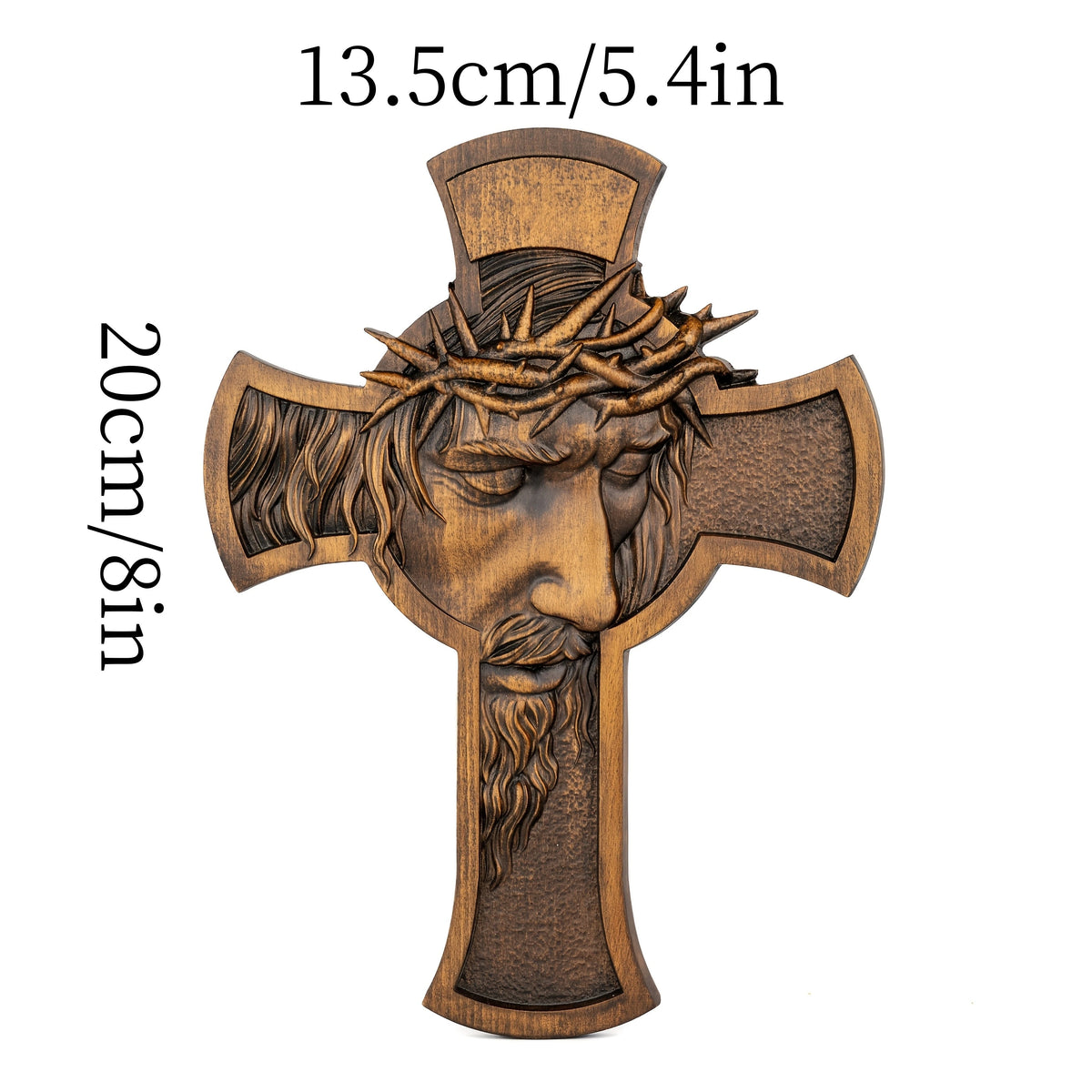 A wooden cross wall decor featuring a sculpted face with a crown of thorns.