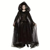 Model in an elegant black bridal witch cloak with a sheer veil and dark fabric.