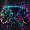 A vibrant, neon-colored gaming controller is depicted with glowing lines and abstract digital elements against a dark backgro