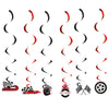 A set of black and red racing car silhouette decorations shaped like swooshes for a birthday party.